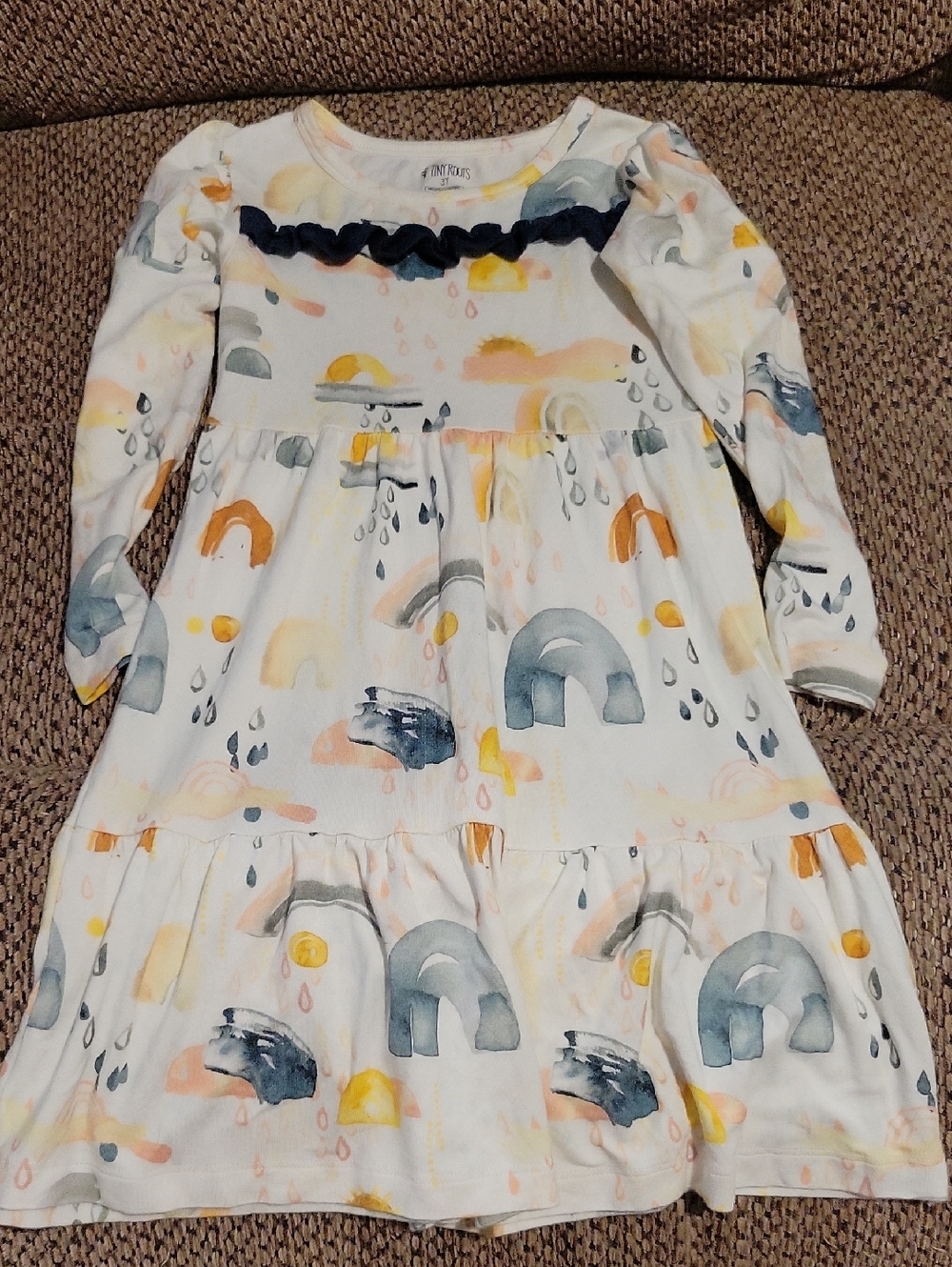 Kids Long Sleeve Rainbow Print Dress - White with Pastel Accents